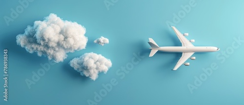 The plane is surrounded by clouds on a pastel blue background. A 3D rendering of a travel concept.