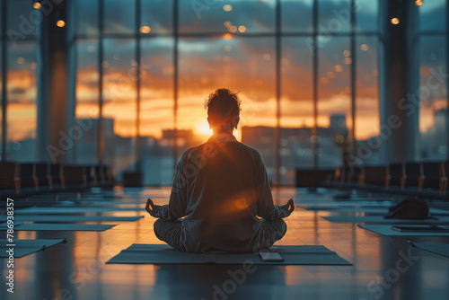 An image showing a yogi in a conference room, teaching breathing techniques to executives before a h