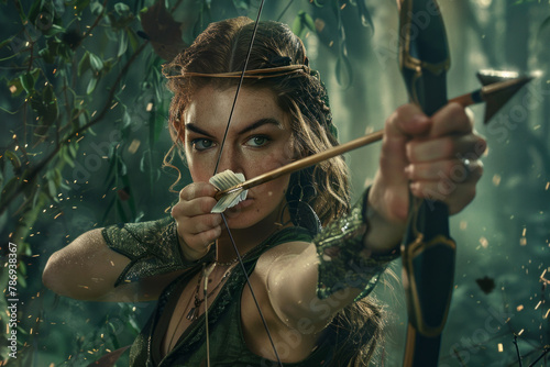 An image showing Artemis, goddess of the hunt, as the spokesperson for an outdoor sporting goods ret photo