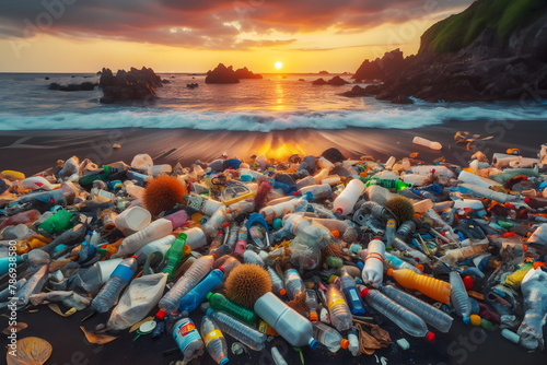 a beach with a lot of trash and bottles on it, plastic waste, trash photo
