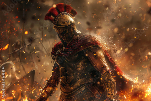A depiction of Ares, god of war, promoting a video game series centered around historical battles, h photo