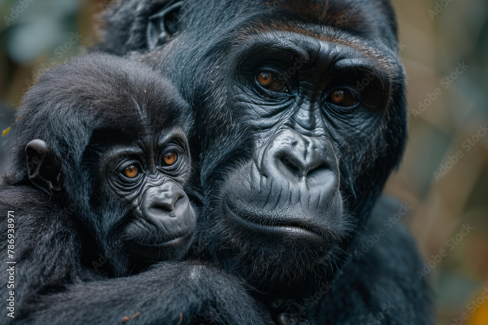 A photograph capturing the intimate moment of a mother and calf Western lowland gorilla in the rainf A photograph capturing the intimate moment of a mother and calf Western lowland gorilla in the rainf