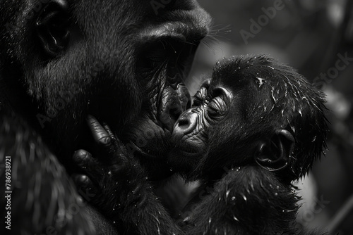 A photograph capturing the intimate moment of a mother and calf Western lowland gorilla in the rainf photo