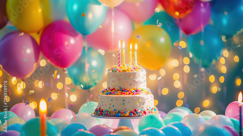 The birthday celebration is brought to life by a multitude of festive balloons, set against a lively background of colorful balloons and a cake illuminated by flickering candles