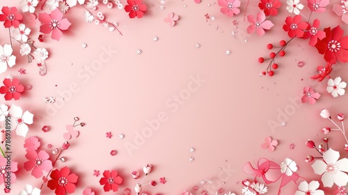 Colorful red wildflowers on background. Flat lay, top view floral frame border with copy space mockup. Valentine's day concept.