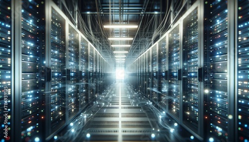 Hardware server room depicted in an abstract data center setting for efficient storage and processing.