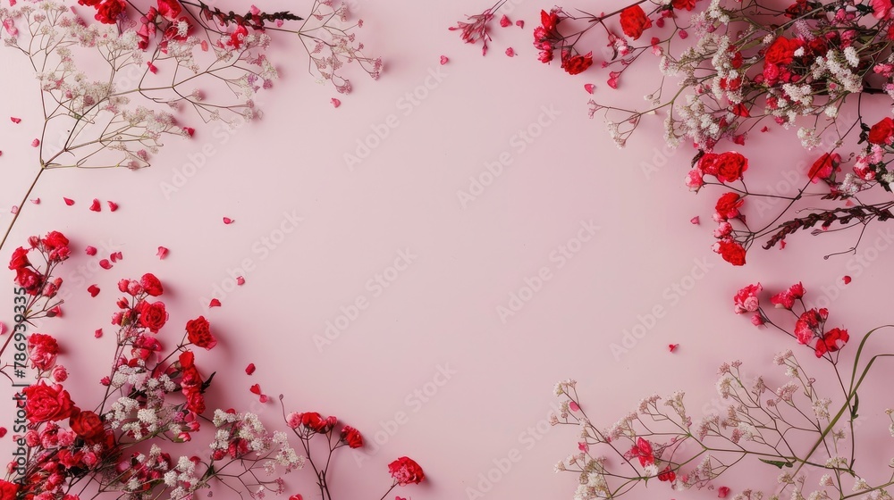Colorful red wildflowers on background. Flat lay, top view floral frame border with copy space mockup. Valentine's day concept.