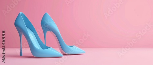 This 3D rendering shows blue high heels against a pastel pink background in a minimalist concept.