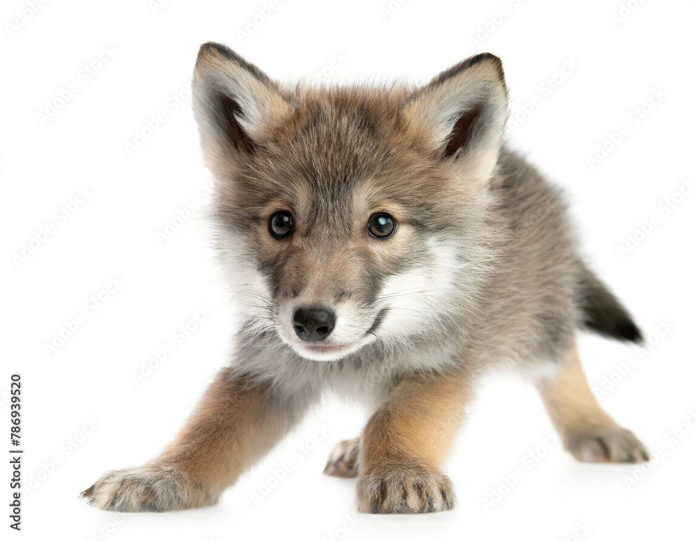 baby Wolf auf vier beinen isoliert auf weißen Hintergrund, Freisteller