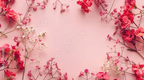 Colorful red wildflowers on background. Flat lay, top view floral frame border with copy space mockup. Valentine's day concept.