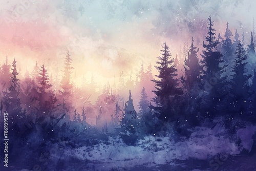Beautiful winter forest landscape. Watercolor illustration. AI generative © tiena