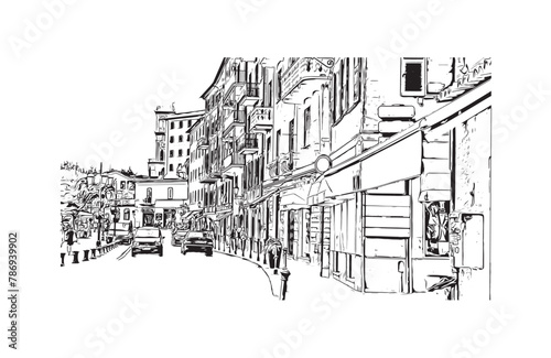 Print Building view with landmark of Lig  ria is a region in Italy. Hand drawn sketch illustration in vector.