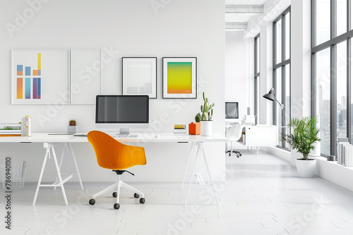Minimalistic office environment adorned with pops of vivid color and a pristine white frame, offering a serene backdrop for productive work. © Awais