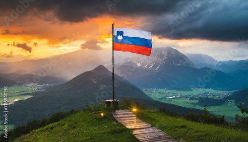 The Flag of Slovenia On The Mountain.