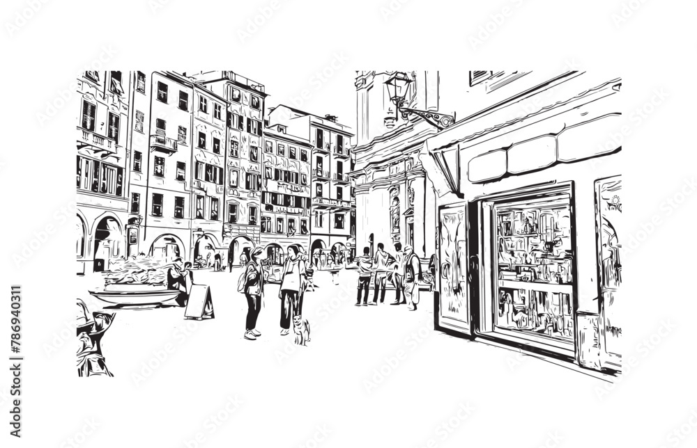 Obraz premium Print Building view with landmark of Ligûria is a region in Italy. Hand drawn sketch illustration in vector.