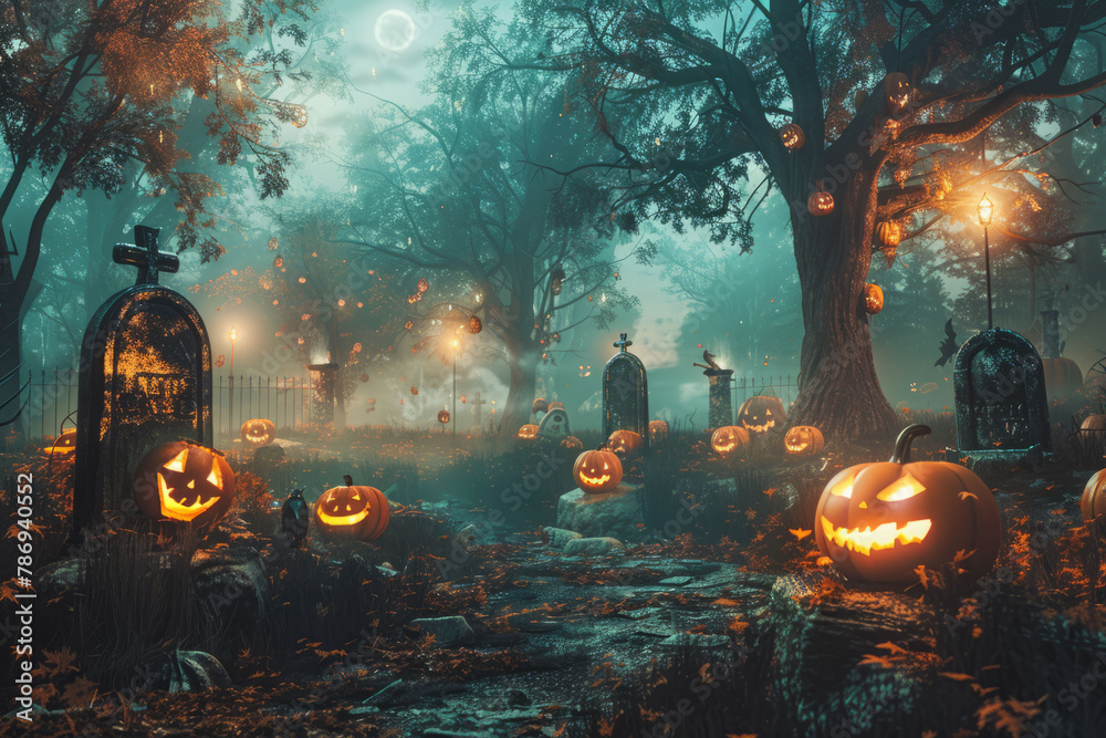 Halloween Scene - Glowing Pumpkins in Spooky Forest With Tombs at Night. AI generative