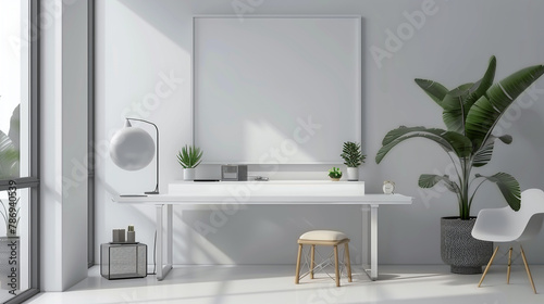 Minimalistic office room with bright decor and an empty white frame  providing a space for imaginative thinking.