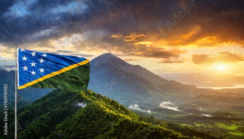 The Flag of Solomon Islands On The Mountain.
