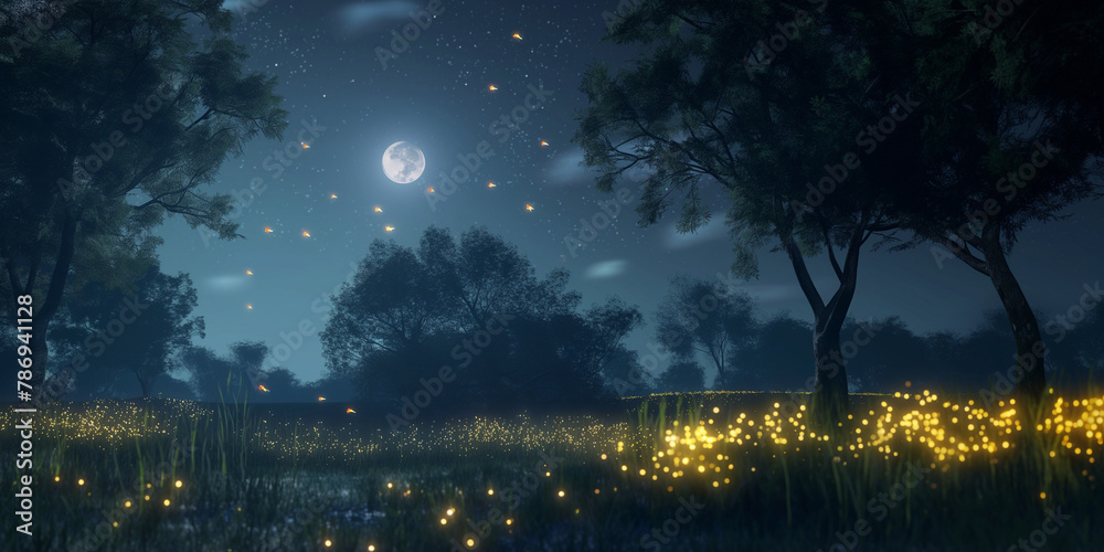 Firefly flying, A quiet night scene, the sky is full of stars, the moon is high, the night sky is deep and mysterious, the trees and grass look quiet and mysterious in the moonlight Illustration Soft Firefly flying, A quiet night scene, the sky is full of stars, the moon is high, the night sky is deep and mysterious, the trees and grass look quiet and mysterious in the moonlight Illustration Soft