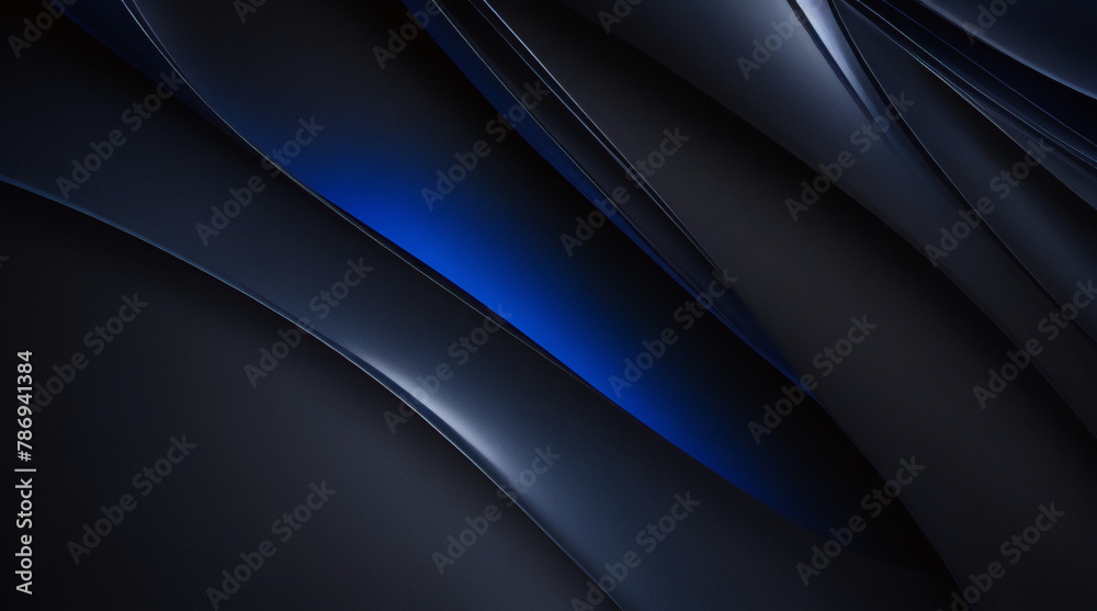 Fondo abstracto azul zafiro cobalto azul oscuro negro. Degradado de colores. Forma geometrica. Onda, línea curva ondulada. Ruido áspero del grano del grunge. El brillo metálico de neón claro brilla in - obrazy, fototapety, plakaty 