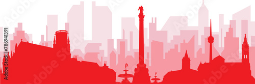 Red panoramic city skyline poster with reddish misty transparent background buildings of STUTTGART, GERMANY