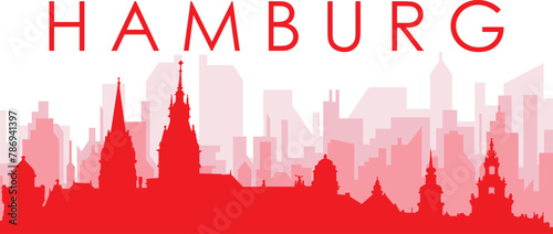 Red panoramic city skyline poster with reddish misty transparent background buildings of HAMBURG, GERMANY