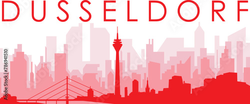 Red panoramic city skyline poster with reddish misty transparent background buildings of DUSSELDORF  GERMANY