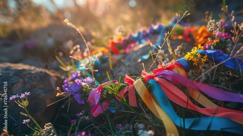 Colorful Ribbons in Spring Garden. Floral Wreath with Symbol of Beltane and Wiccan Celtic Holiday. Pagan Witch Traditions and Rituals in Beautiful Blossom Landscape