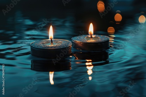 Two lit candles floating on top of a body of water. Perfect for relaxation or meditation concepts photo