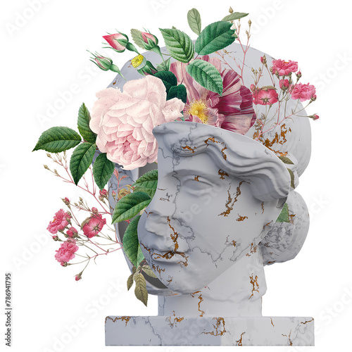 Orpheus statues 3d render, collage with flower petals compositions for your work
