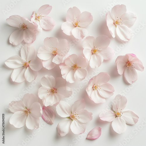 On a pure white background  variously shaped cherry blossom petals are laid out. There is a certain gap between each petal  and they are not placed in a container.