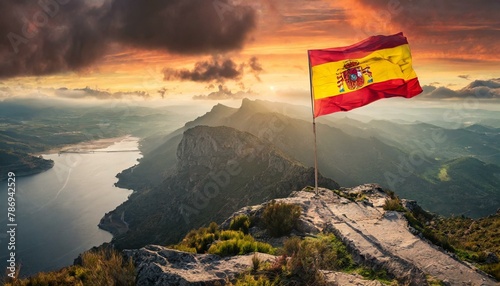 The Flag of Spain On The Mountain.