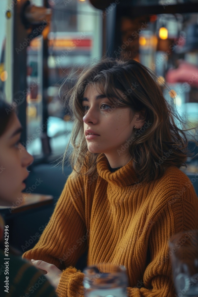 Two women sitting at a table in a restaurant. Suitable for lifestyle and dining concepts Two women sitting at a table in a restaurant. Suitable for lifestyle and dining concepts