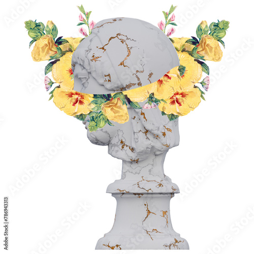 Mourning Penelope statues 3d render, collage with flower petals compositions for your work