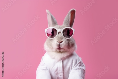 funny rabbit bunny with sunglasses, studio lighting, pink background. 