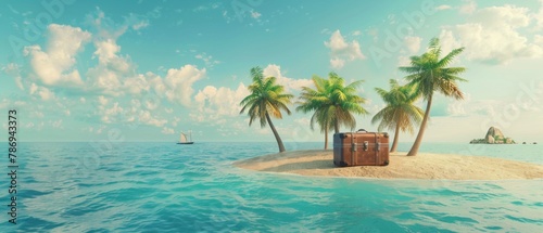 An island with a giant suitcase on a summer beach - a travel concept idea. 3d rendering.