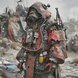 A Rugged Scavenger Warrior Equipped with Salvaged Armor and Makeshift Weapons in a Desolate Post Apocalyptic Wasteland