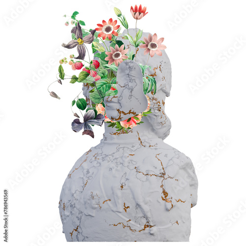 Helmet clad man statues 3d render, collage with flower petals compositions for your work