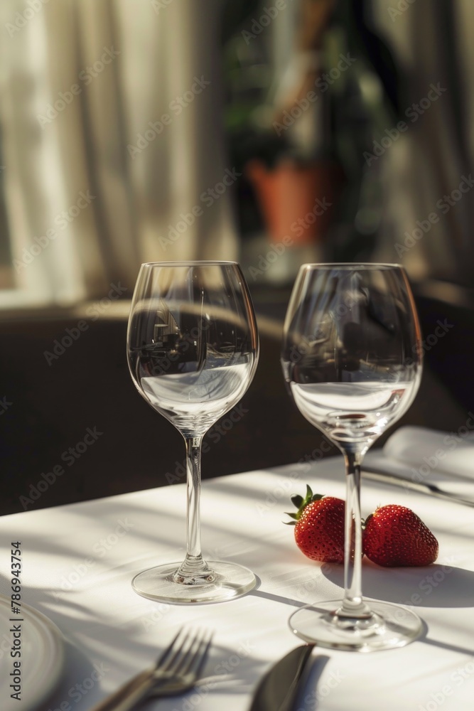 Two empty wine glasses on a table, perfect for dining or celebration concepts Two empty wine glasses on a table, perfect for dining or celebration concepts