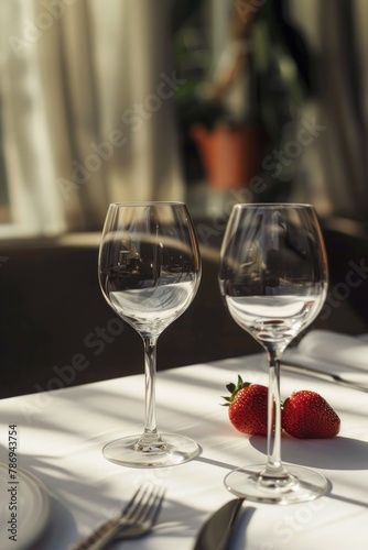 Two empty wine glasses on a table, perfect for dining or celebration concepts © Fotograf