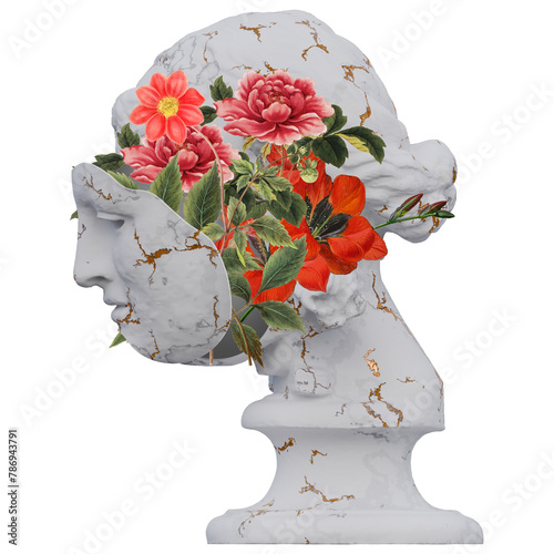Hypnos statues 3d render, collage with flower petals compositions for your work