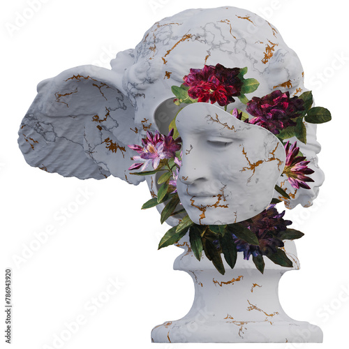 Hypnos statues 3d render, collage with flower petals compositions for your work