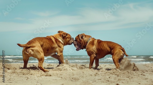 Two dogs having fun on the beach, great for pet lovers and summer themes