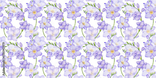 Watercolor seamless pattern with violet freesia flowers. Hand drawn color repeat background for fabric
