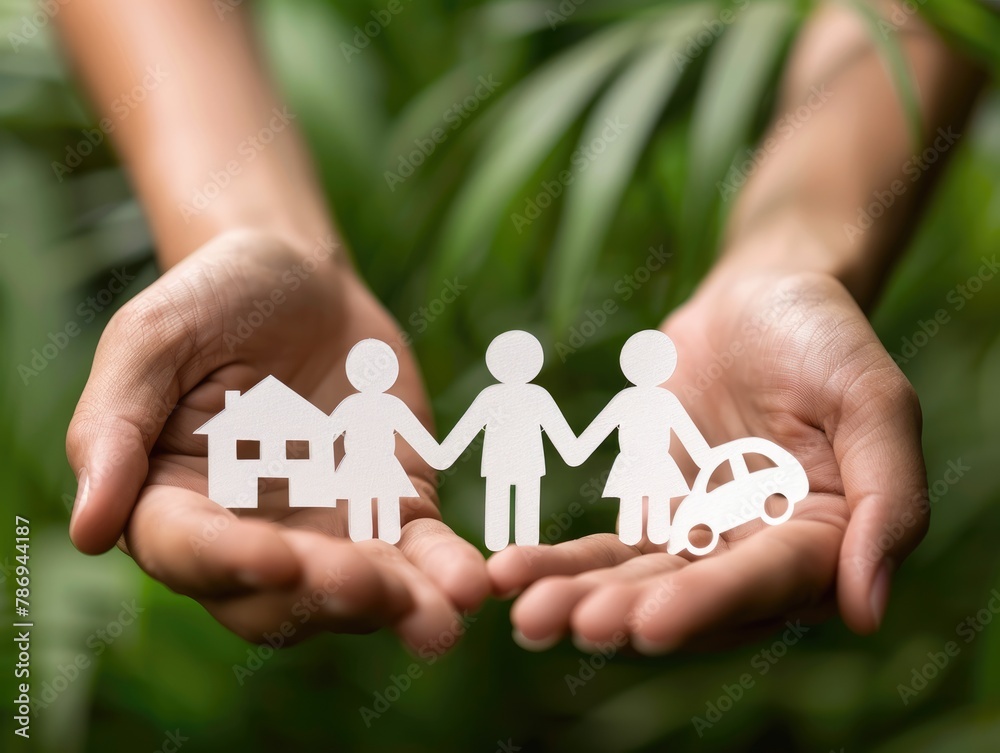 A house and family supported by hands A house and family supported by hands