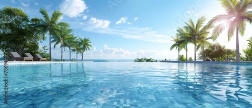 The front view of a swimming pool during a summer vacation. 3D rendering