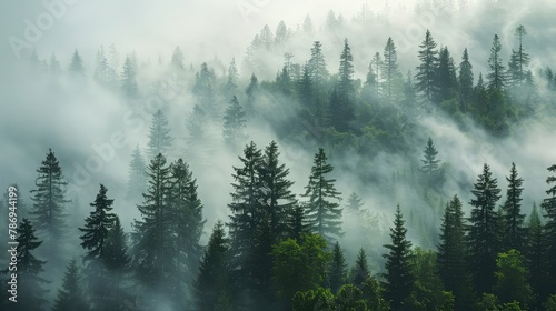 coniferous forest in foggy mountains © Ammar
