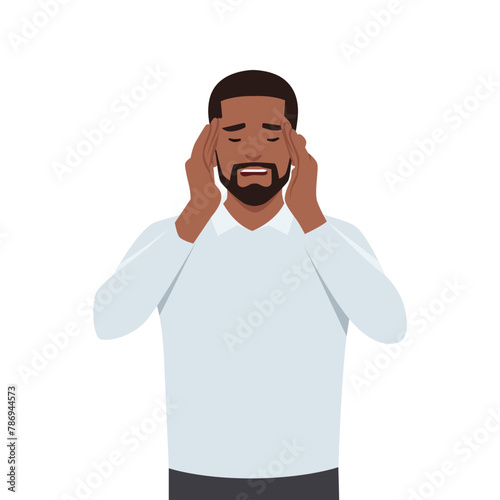 Young black man unhappy squeezing head with hands. Emotions and body language concept. Stress. Flat vector illustration isolated on white background