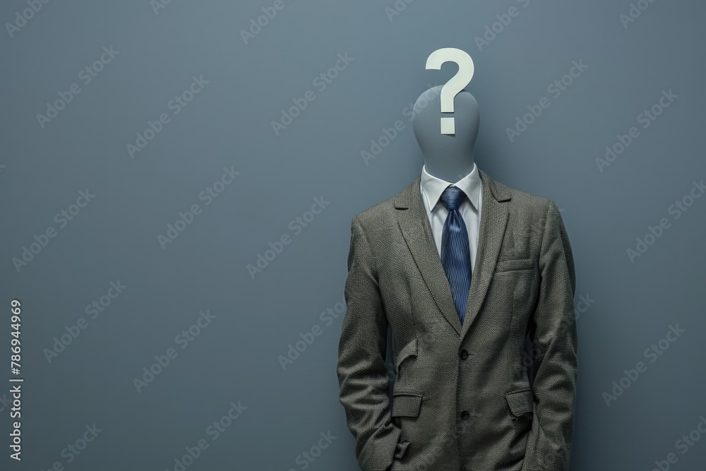 A man in a suit with a question mark on his head. Suitable for business concept designs - obrazy, fototapety, plakaty 