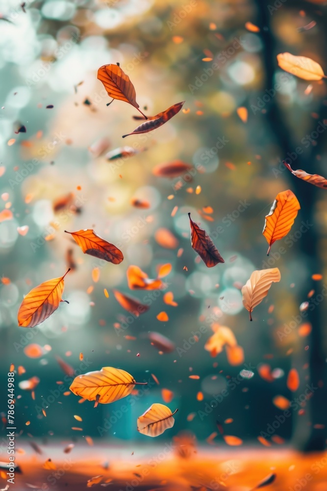 A bunch of leaves flying in the air. Suitable for autumn-themed designs